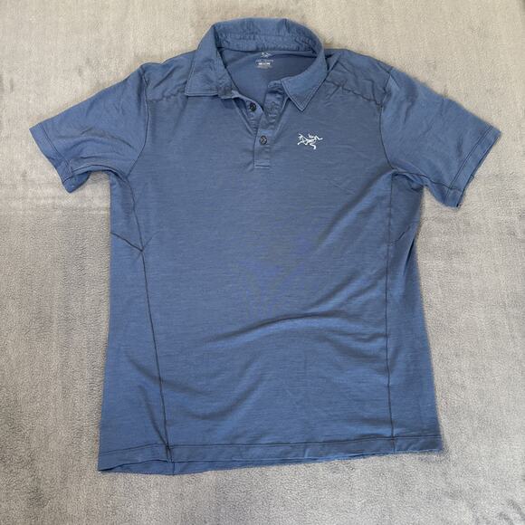 Arcteryx Mens M Pelion Polo Shirt Short Sleeve Wool Nylon Blue Color - Picture 1 of 8